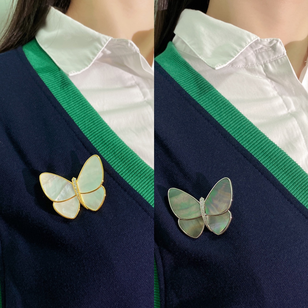 VCB014 18k gold Mother of pearl and diamond Butterfly brooch pin Large - ccjewelryacc
