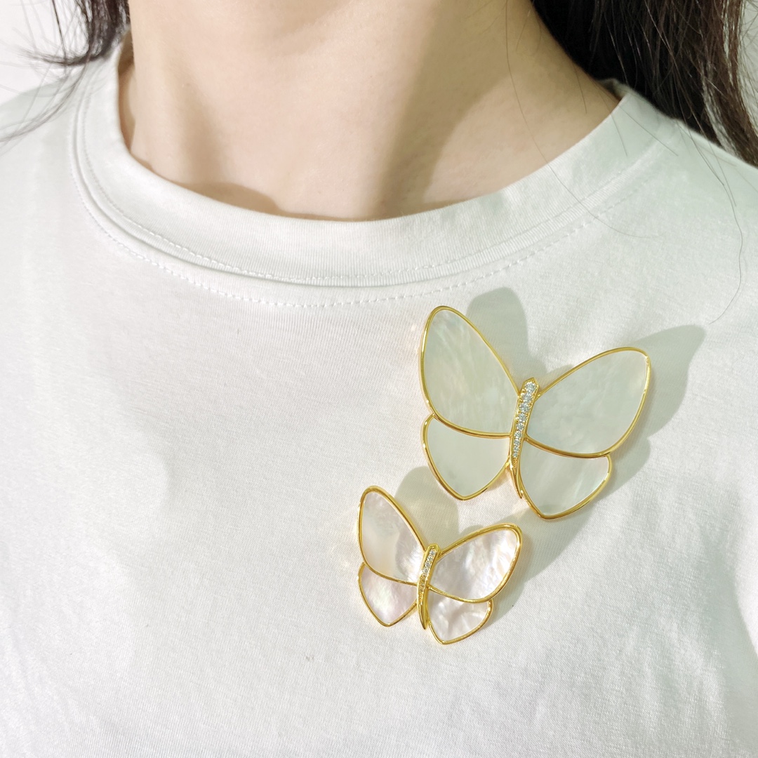 VCB015 18k gold Mother of pearl and diamond Butterfly brooch pin Small - ccjewelryacc