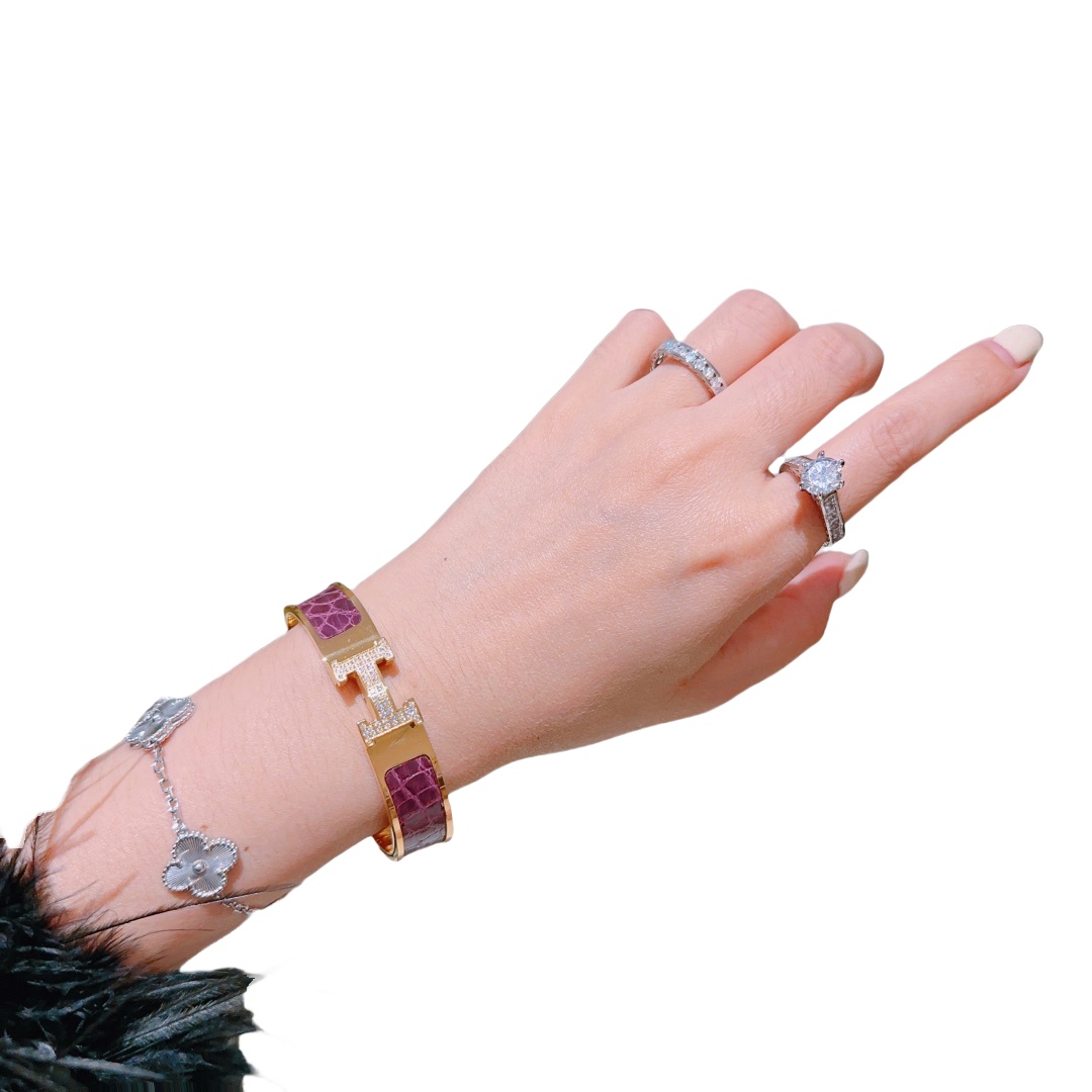 HMS054 12mm Metal crocodile leather crystal Clic H bracelet 17 - ccjewelryacc