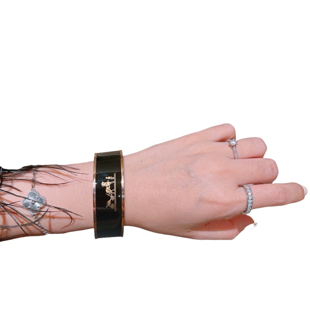 HMS050 20mm Caleche Black Enamel Gold Plated Wide Bangle Bracelet - ccjewelryacc