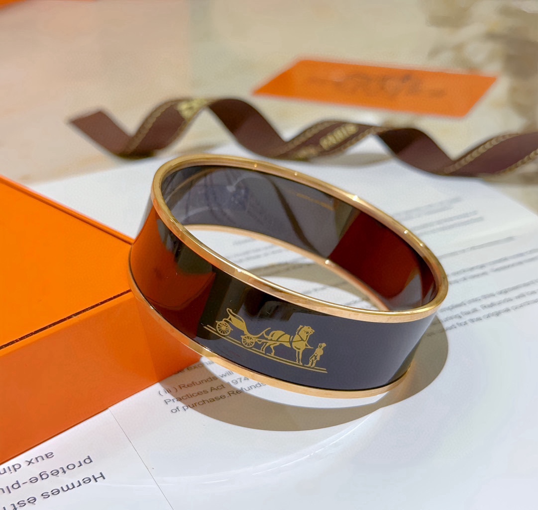 HMS050 20mm Caleche Black Enamel Gold Plated Wide Bangle Bracelet - ccjewelryacc