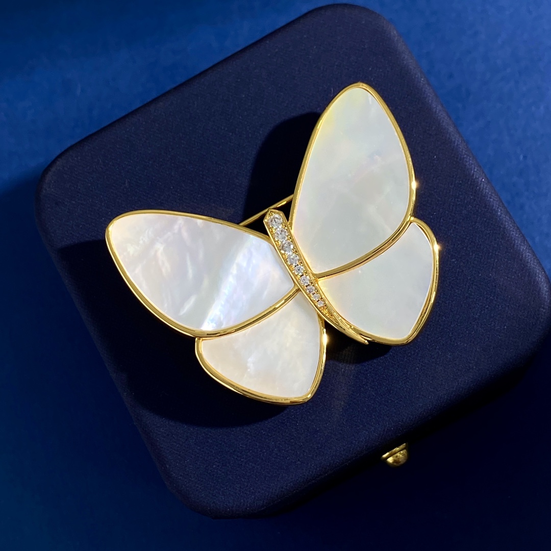 VCB014 18k gold Mother of pearl and diamond Butterfly brooch pin Large - ccjewelryacc