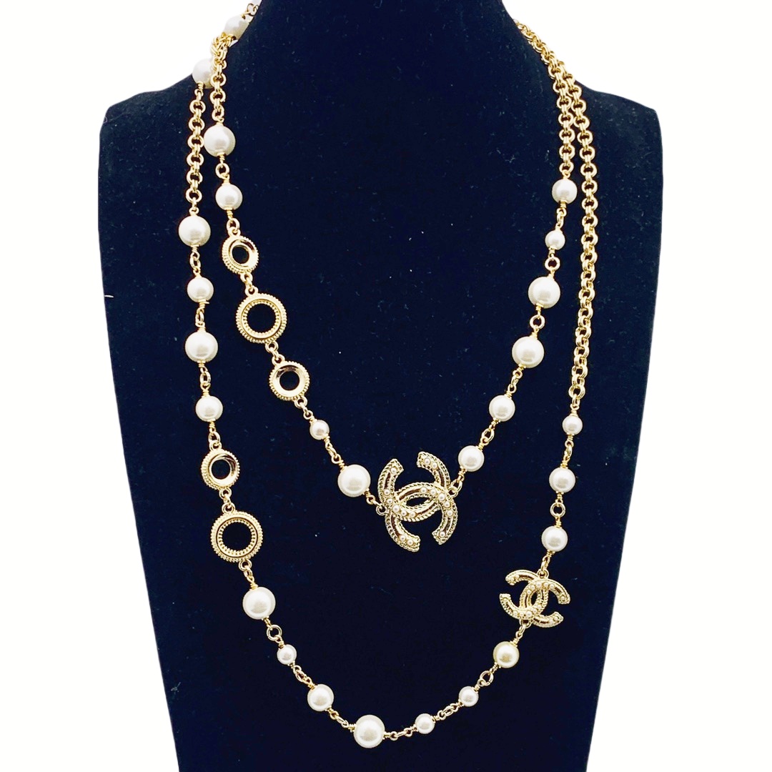 CCL345 Metal gold pearl long necklace - ccjewelryacc
