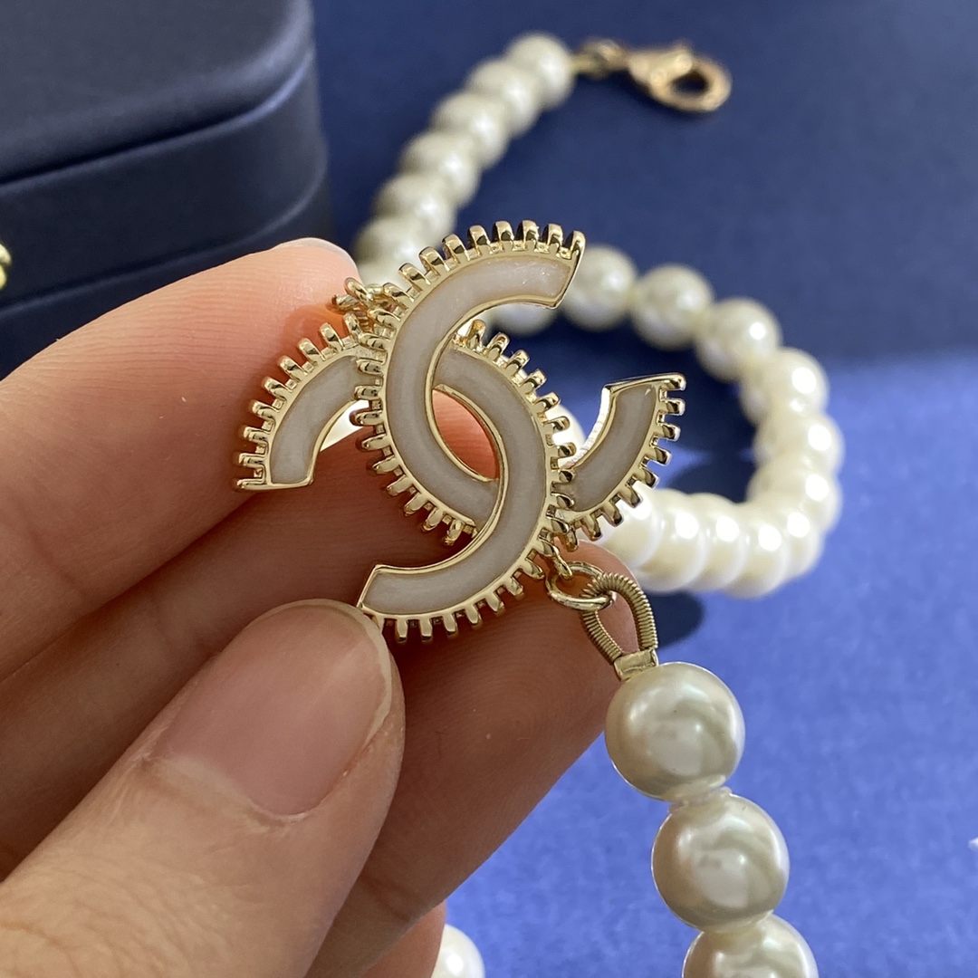 CCL086 Coco long pearl chain with cc logo sweater necklace - ccjewelryacc