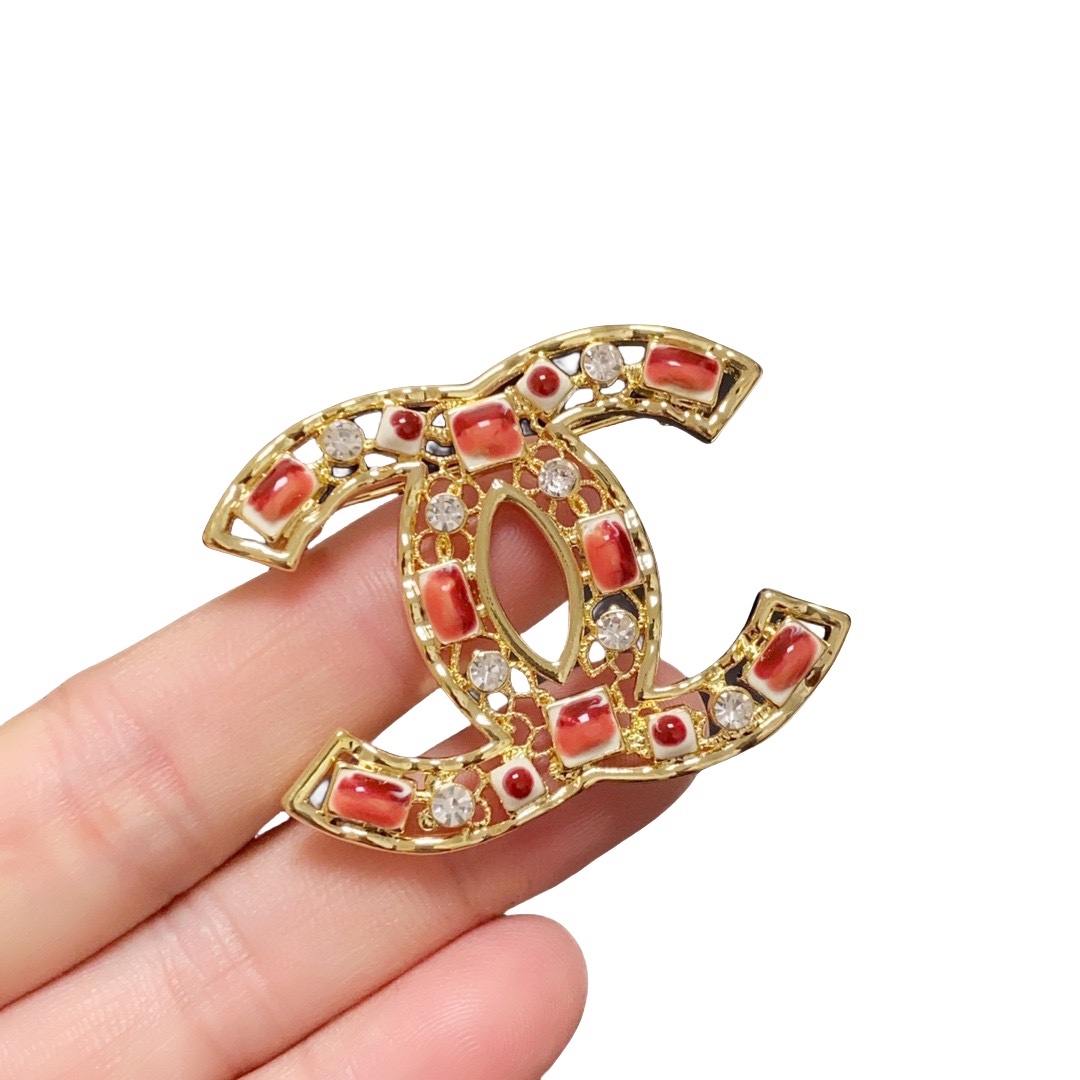 BCB505 Metal Hollow-out with crystal and red resin cc brooch pin - ccjewelryacc