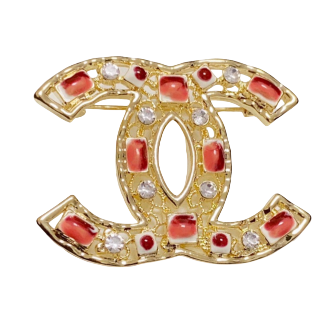 BCB505 Metal Hollow-out with crystal and red resin cc brooch pin - ccfashionjewelry