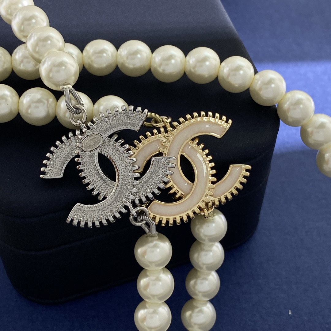 CCL086 Coco long pearl chain with cc logo sweater necklace - ccjewelryacc