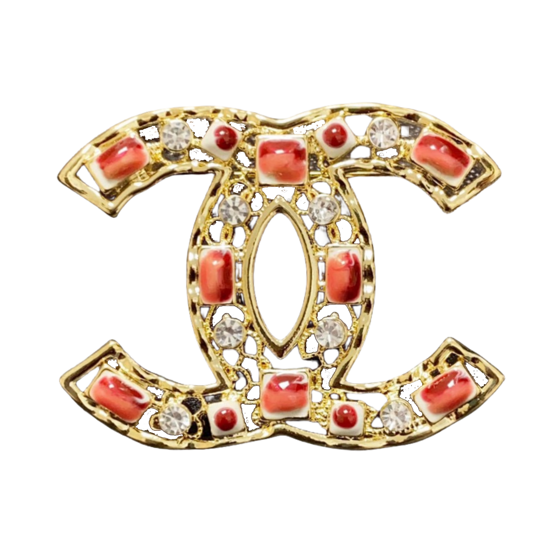 BCB505 Metal Hollow-out with crystal and red resin cc brooch pin - ccfashionjewelry