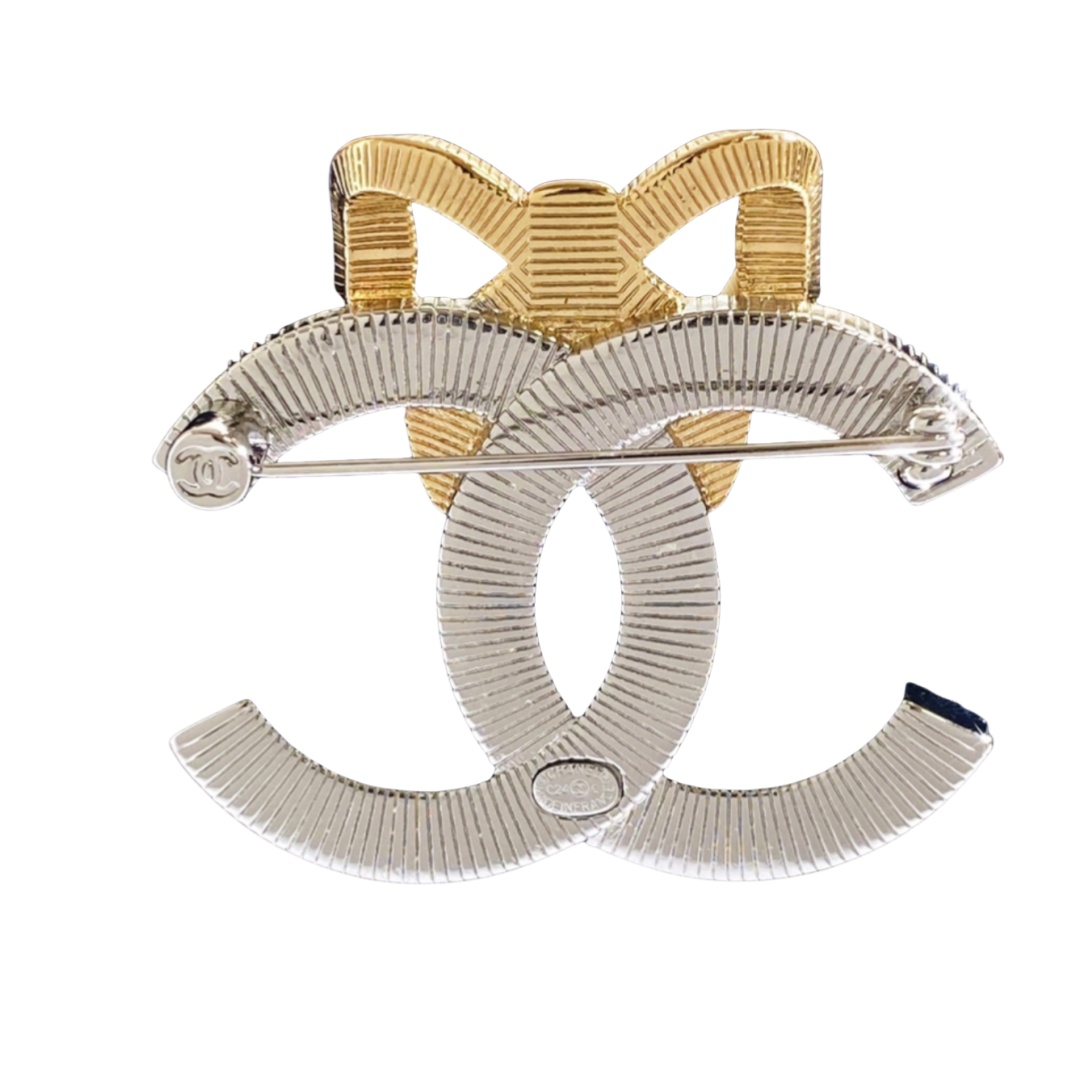 BCB456 24K Champagne gold and silver Dual color bow with cc logo brooch pin - ccjewelryacc