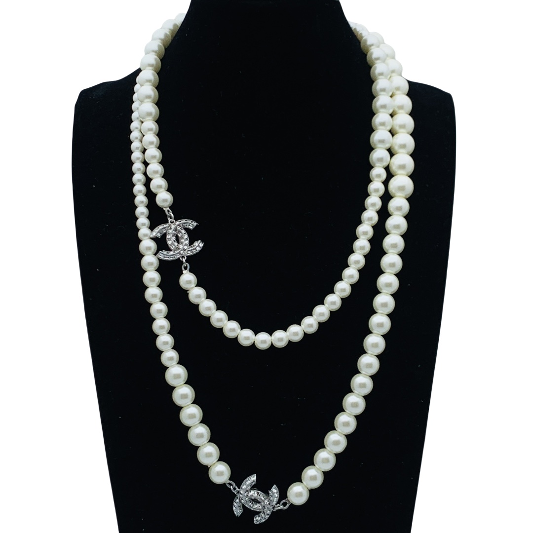 CCL138 CC logo long pearl chain sweater Necklace - ccjewelryacc