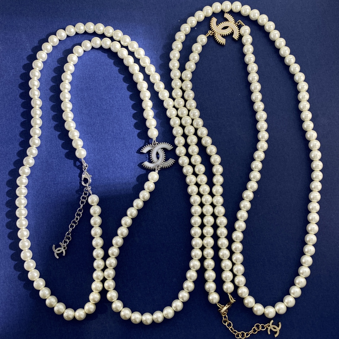 CCL086 Coco long pearl chain with cc logo sweater necklace - ccjewelryacc