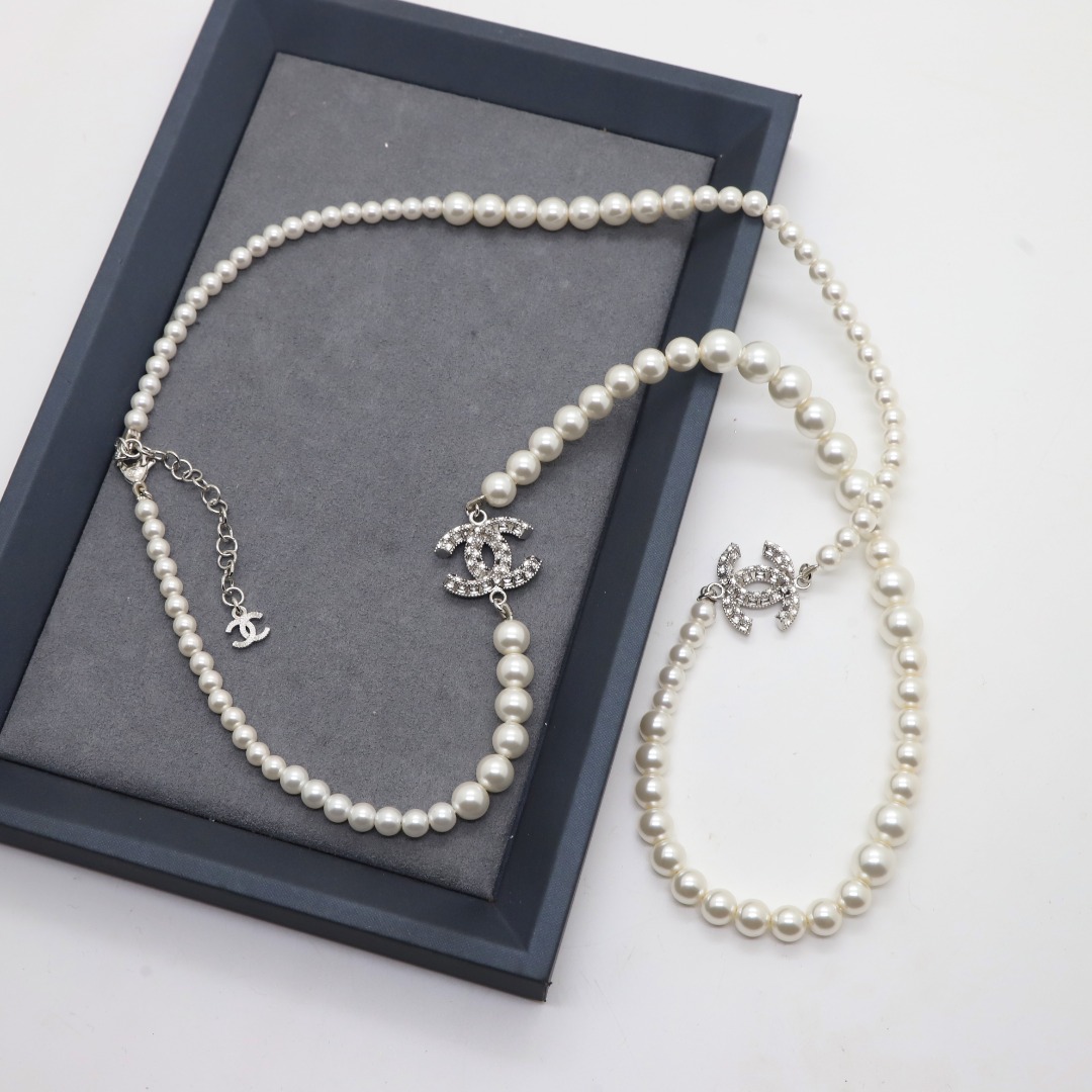 CCL138 CC logo long pearl chain sweater Necklace - ccjewelryacc