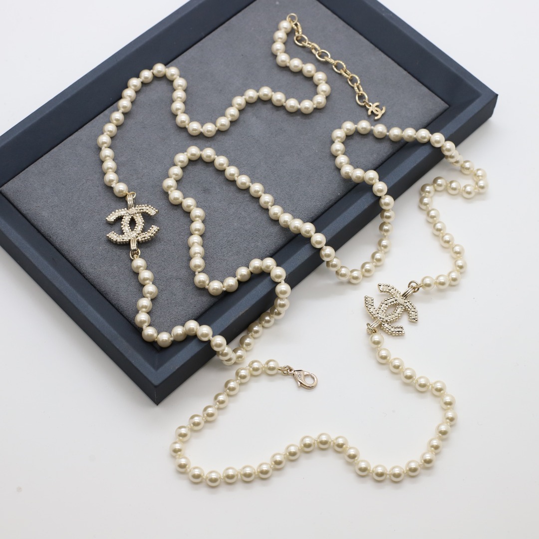 CCL228 100 Anniversary Long pearl sweater chain with CC logo Necklace - ccjewelryacc