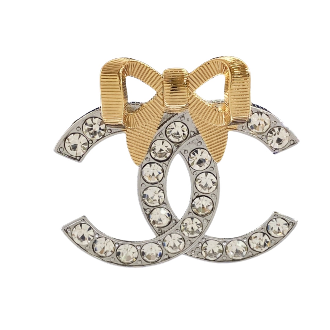 BCB456 24K Champagne gold and silver Dual color bow with cc logo brooch pin - ccfashionjewelry