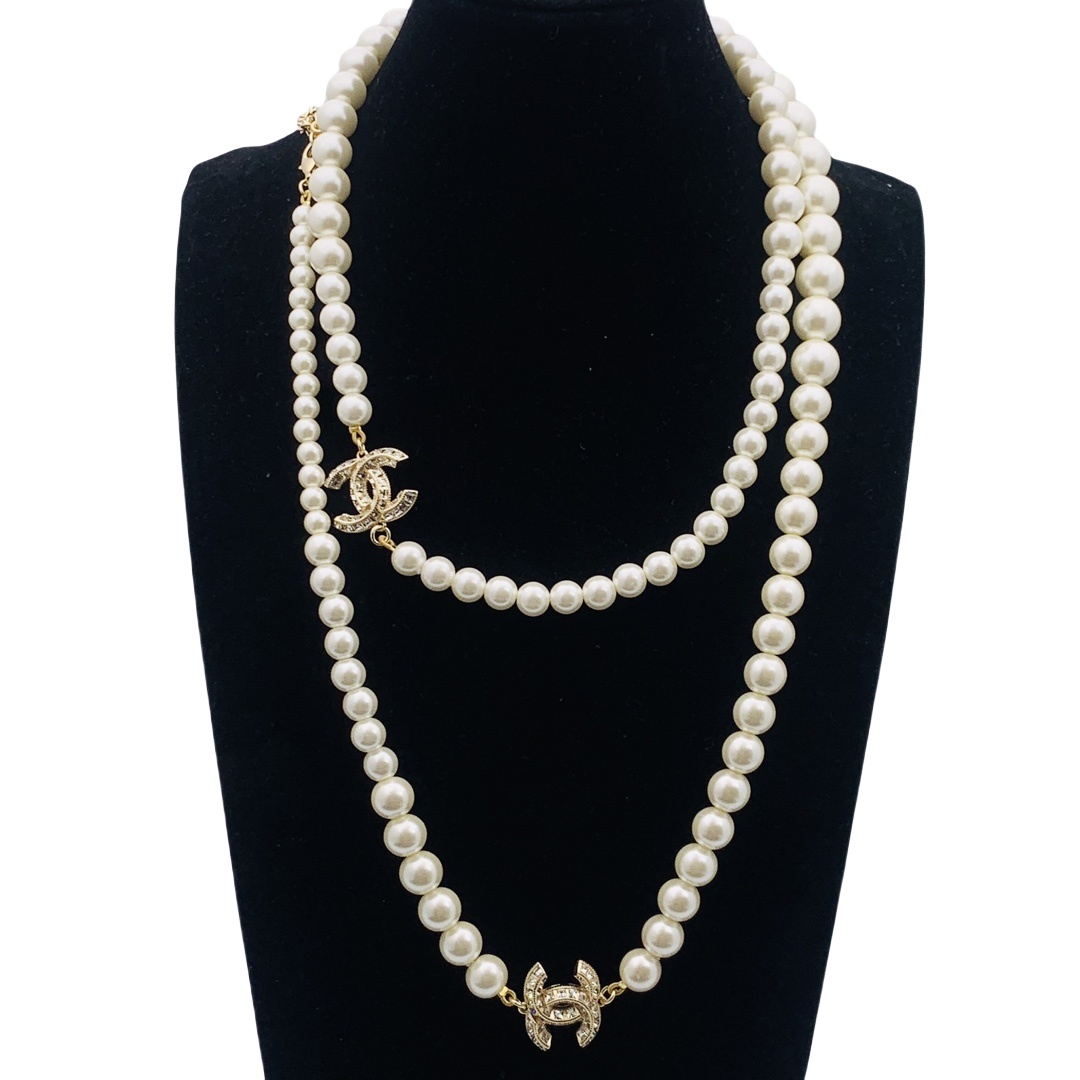 CCL138 CC logo long pearl chain sweater Necklace - ccjewelryacc