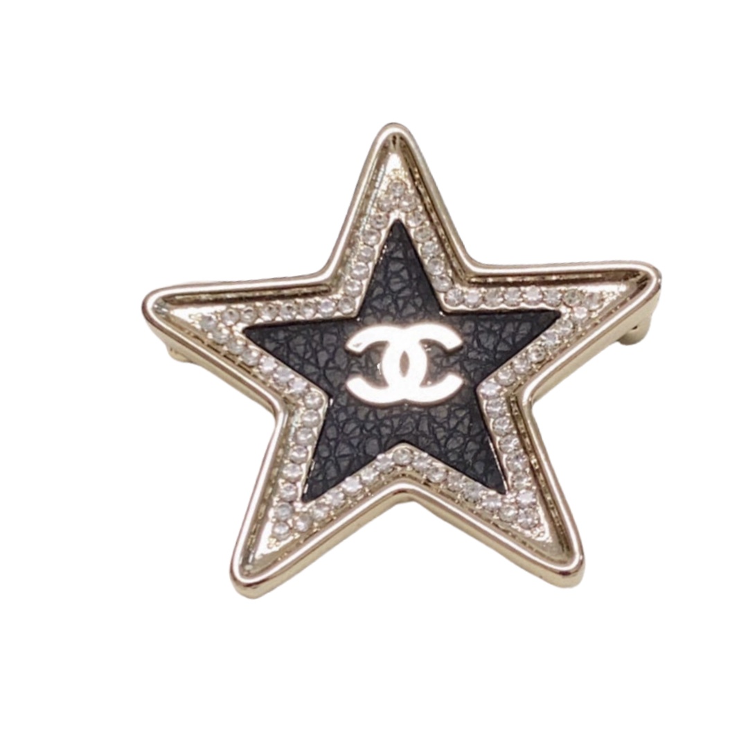 BCB393 Metal leather crystal Pentagram Star with CC logo brooch pin - ccfashionjewelry