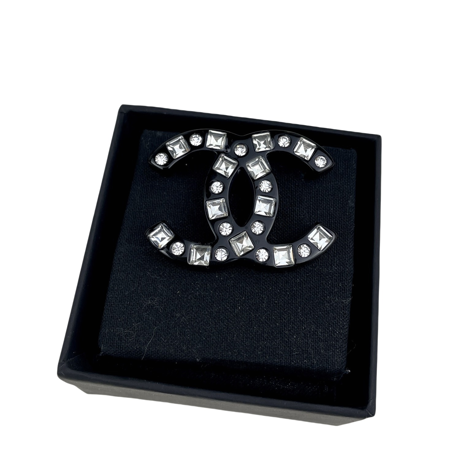 BCB346 24S Resin Black CC logo brooch pin with square rhinestone - ccjewelryacc