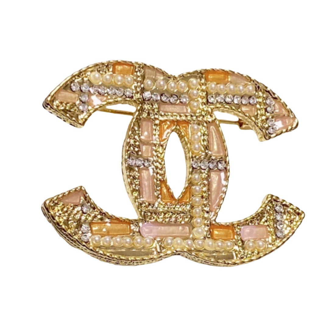 BCB158 Metal enamel pearl cc logo brooch pin - ccjewelryacc