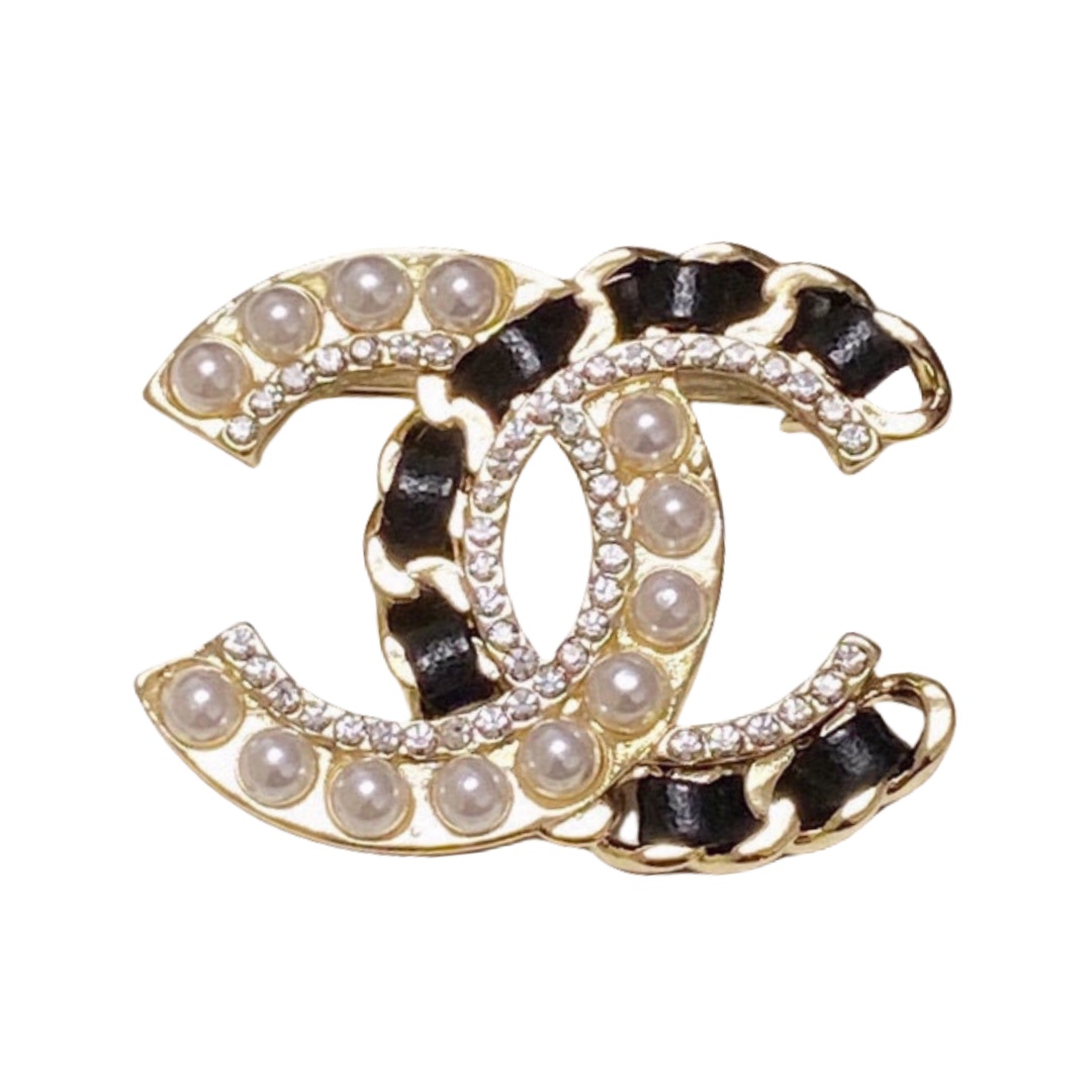 BCB512 Metal leather pearl crystal cc logo brooch pin - ccjewelryacc