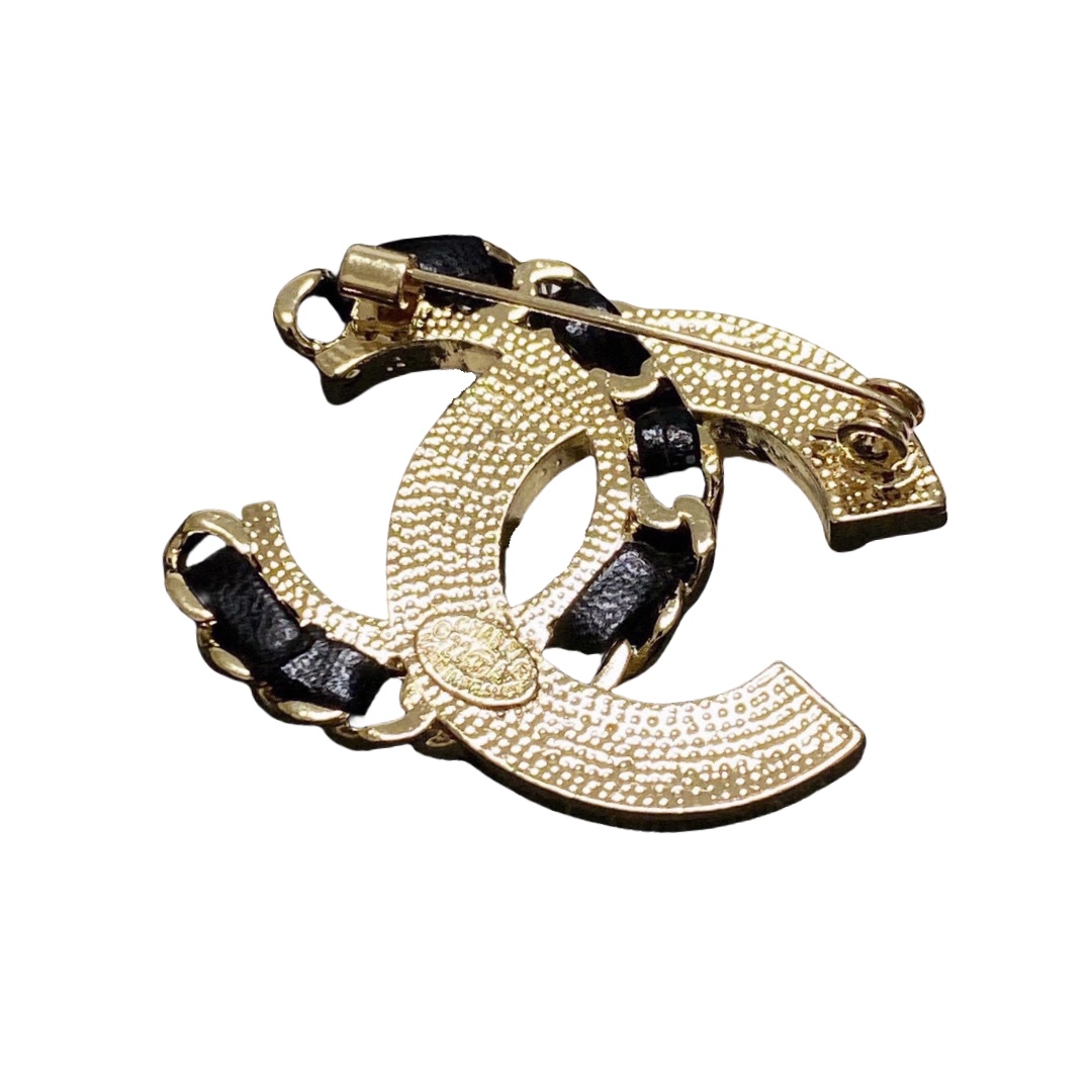 BCB512 Metal leather pearl crystal cc logo brooch pin - ccjewelryacc