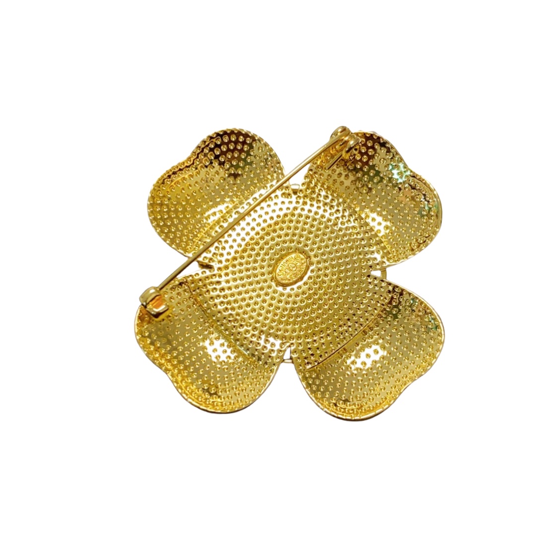 BCB516 Vintage Gold Four-leaf flower with black onyx brooch pin - ccfashionjewelry