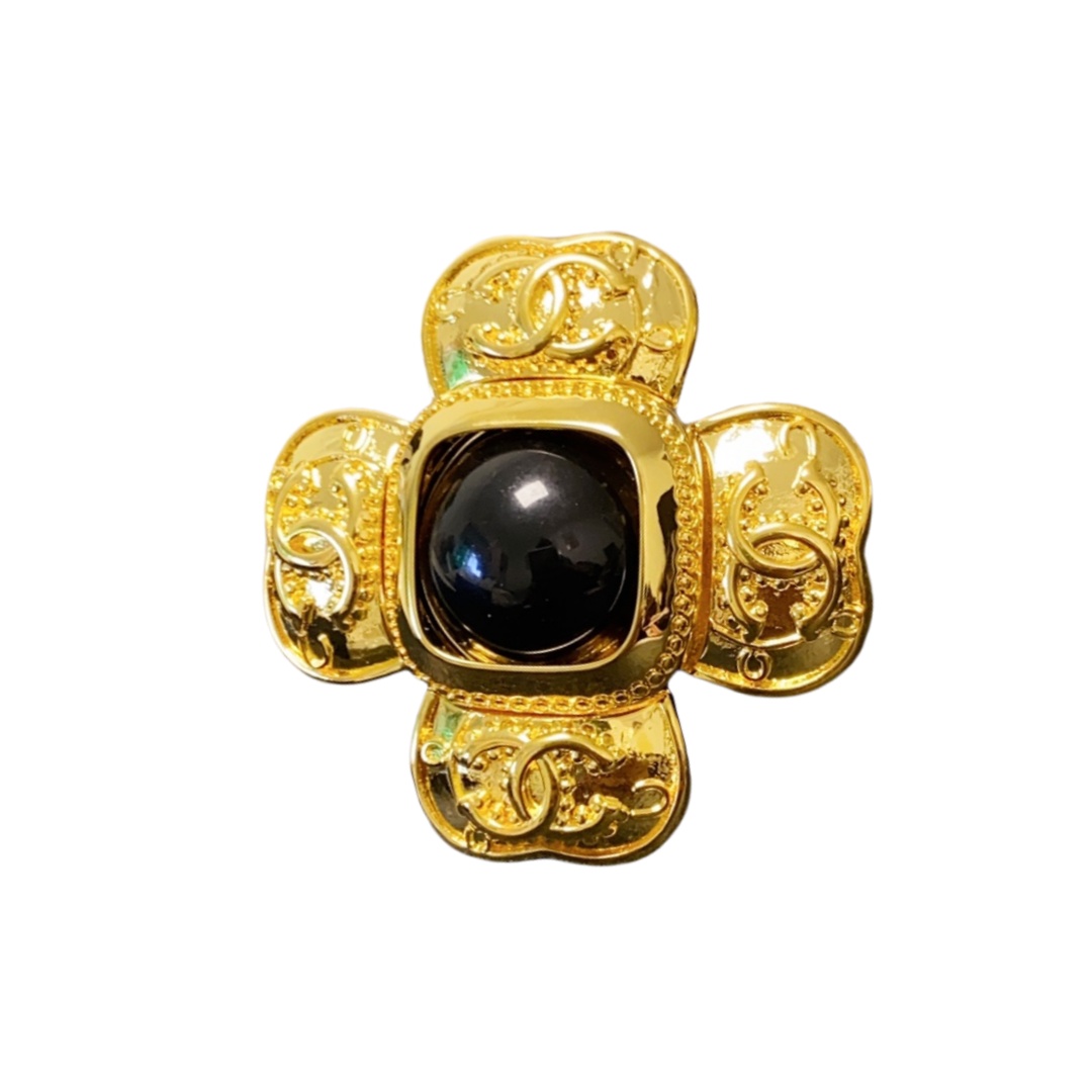 BCB516 Vintage Gold Four-leaf flower with black onyx brooch pin - ccfashionjewelry