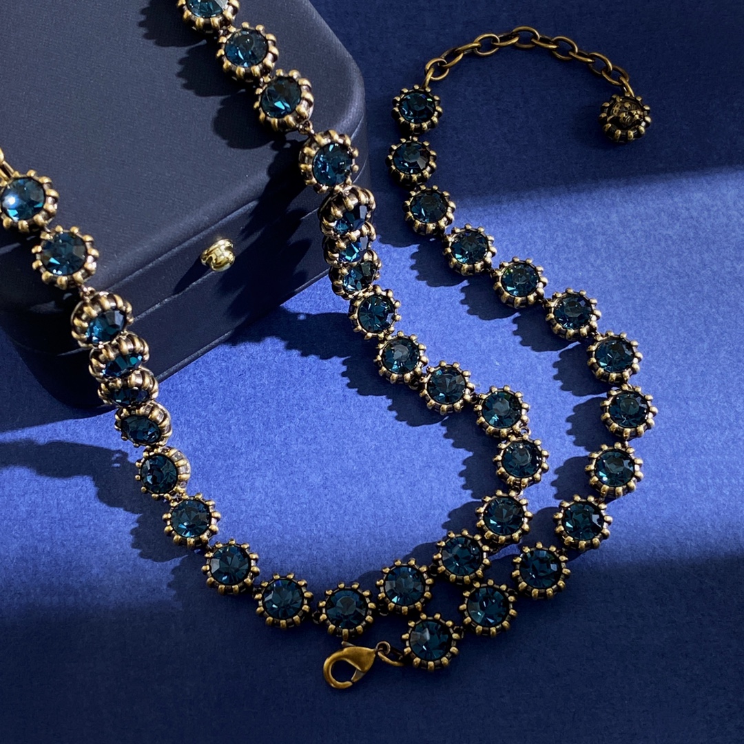 GGN059 GG Blue rhinestone diamond tennis choker necklace bracelet - ccjewelryacc