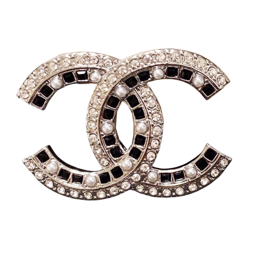 BCB527 Square shape black diamond and pearl cc brooch pin - ccfashionjewelry