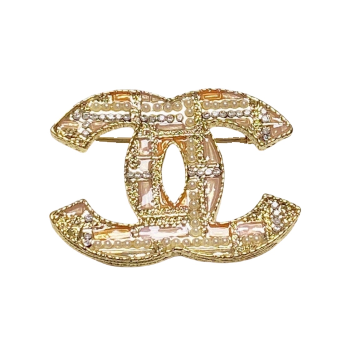 BCB158 Metal enamel pearl cc logo brooch pin - ccjewelryacc