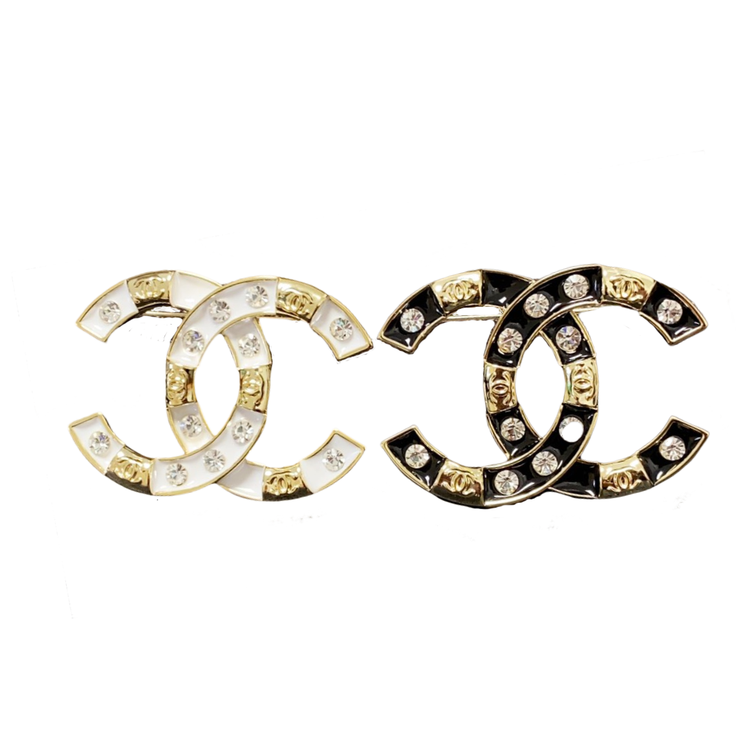 BCB518 Black and white enamel with crystal cc brooch pin - ccjewelryacc