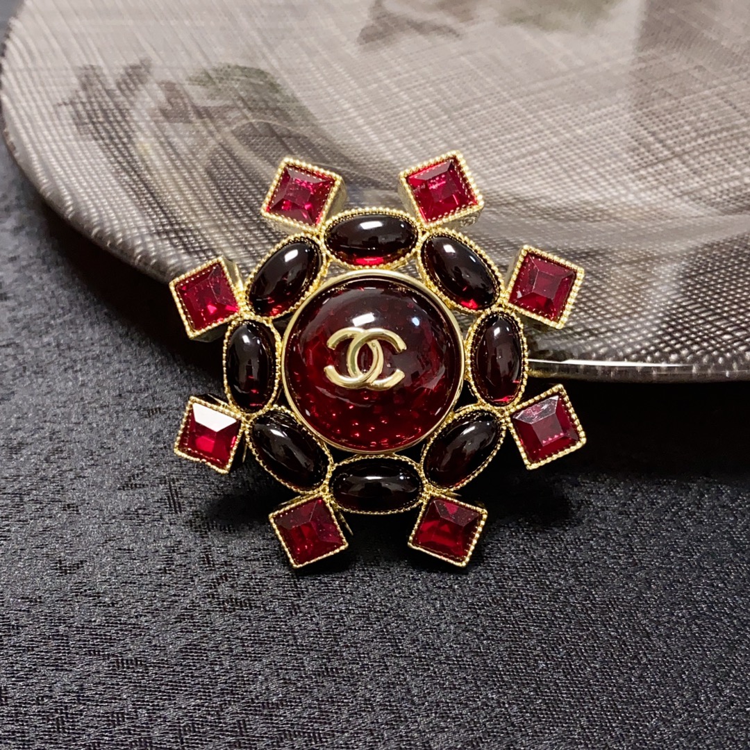 BCB513 Red onyx and rhinestone flower brooch pin - ccjewelryacc