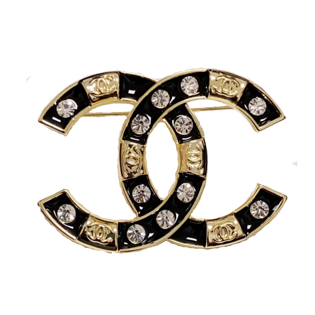 BCB518 Black and white enamel with crystal cc brooch pin - ccfashionjewelry