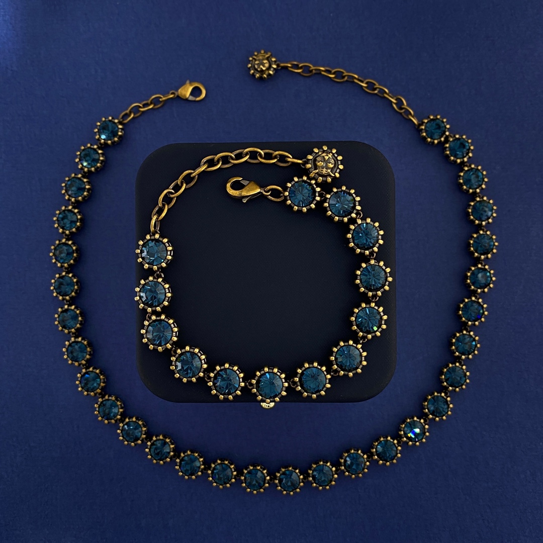 GGN059 GG Blue rhinestone diamond tennis choker necklace bracelet - ccjewelryacc