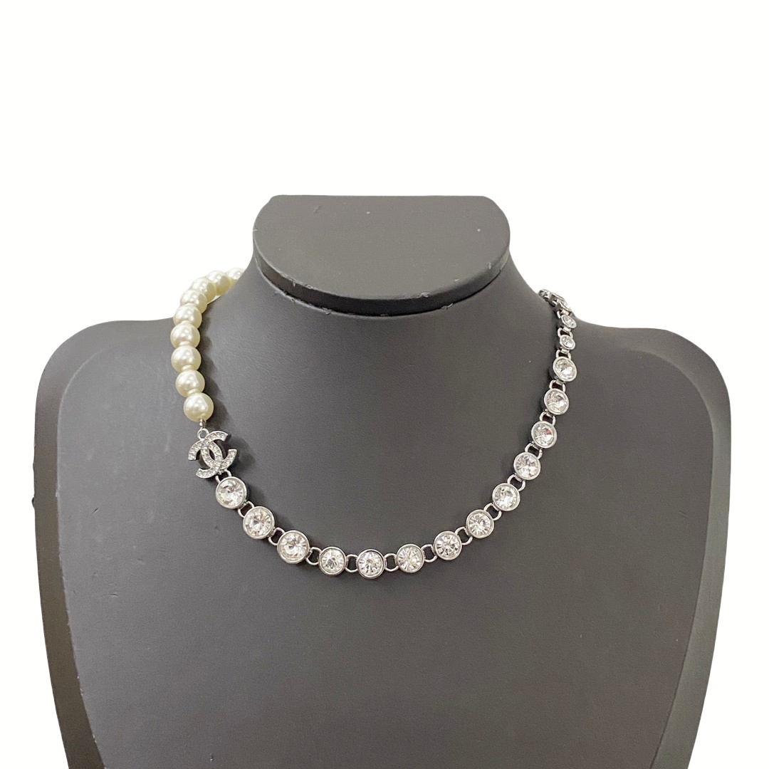 CCN012 23 Crystal and pearl CC choker Necklace - ccjewelryacc