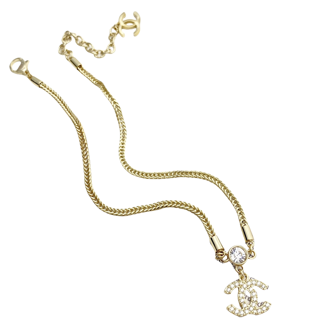 CCN253 Metal chopin chain with Swarovski crystal CC logo Pendant Necklace - ccjewelryacc