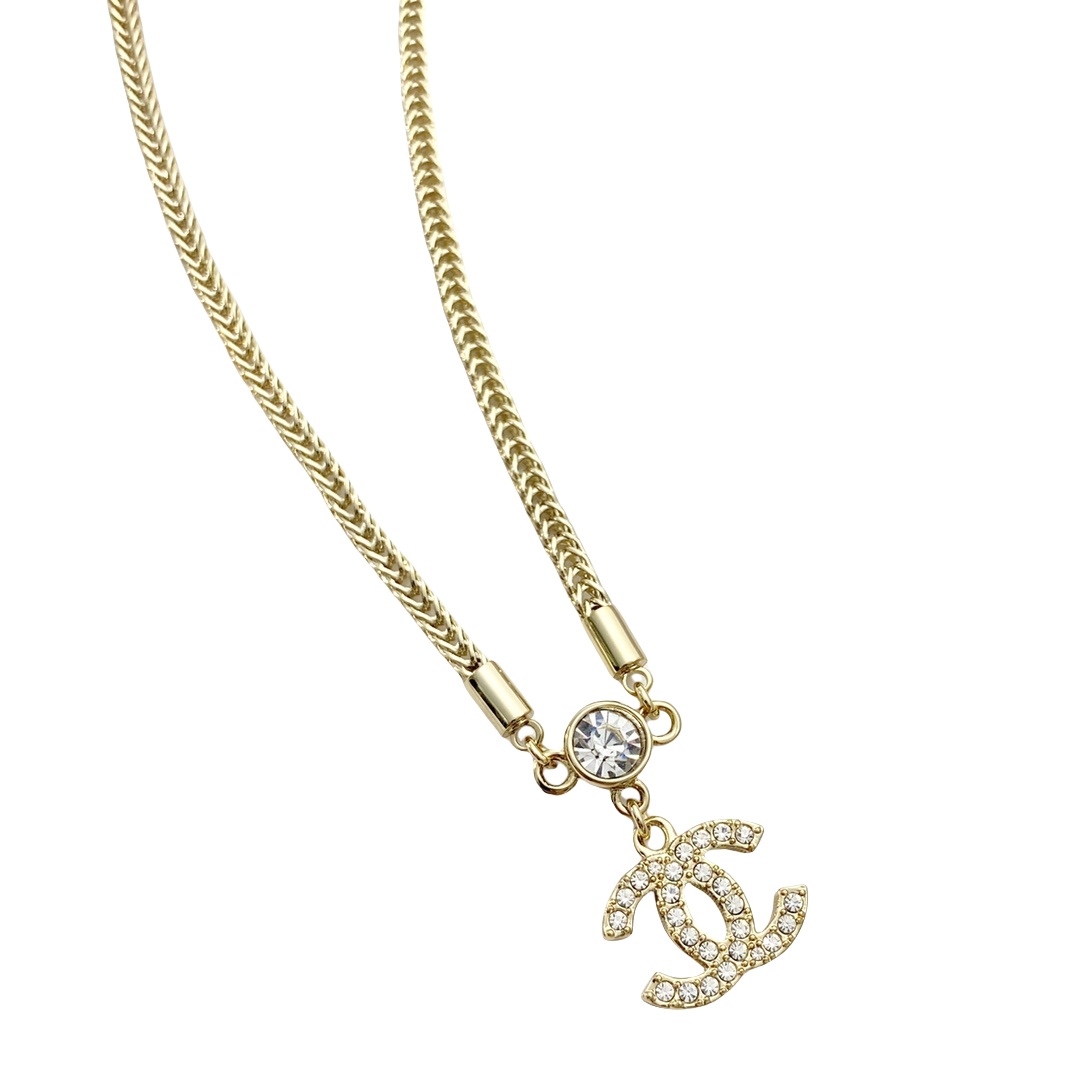 CCN253 Metal chopin chain with Swarovski crystal CC logo Pendant Necklace - ccjewelryacc