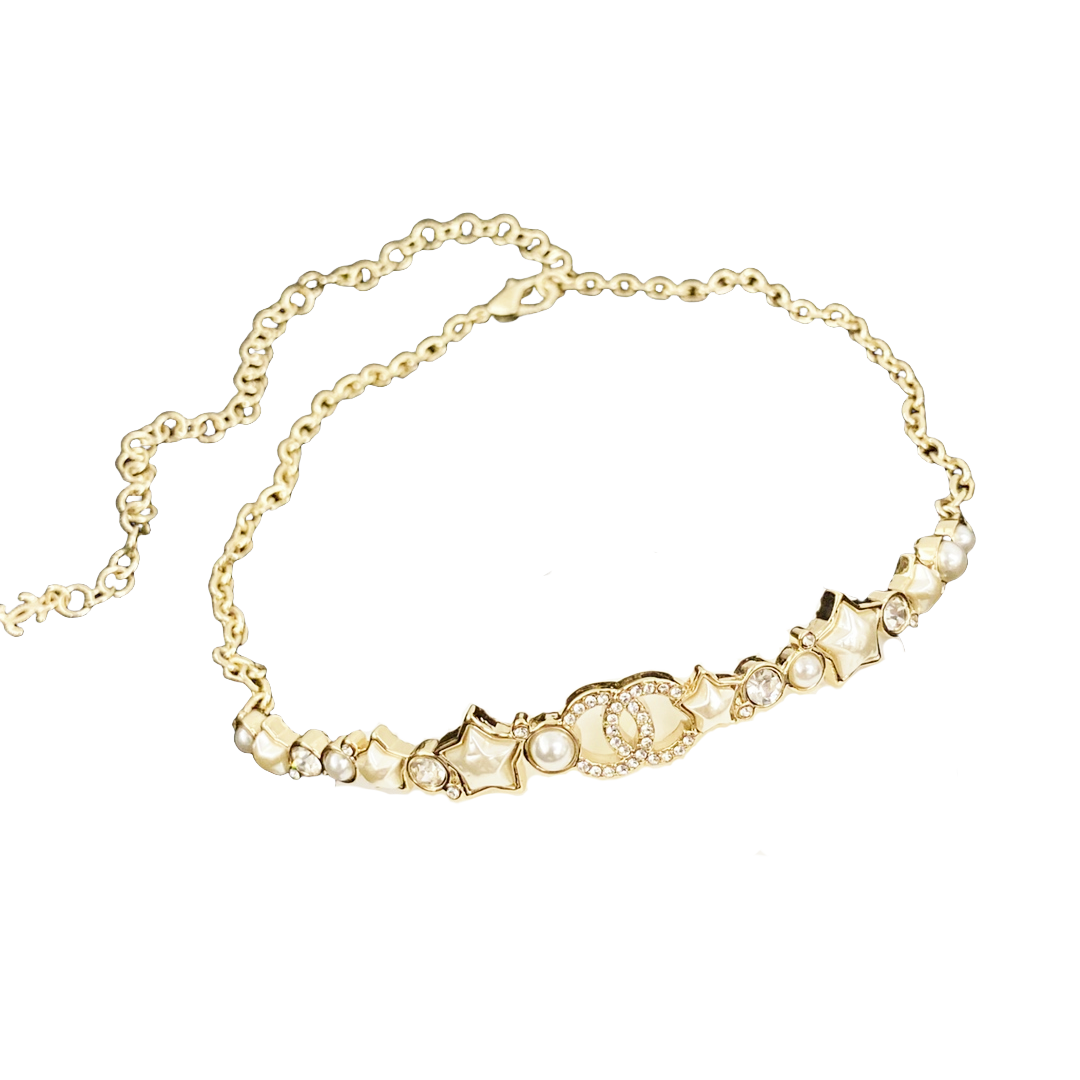 CCN234 24C Mother of pearl star and pearls with crystal CC logo choker necklace - ccjewelryacc