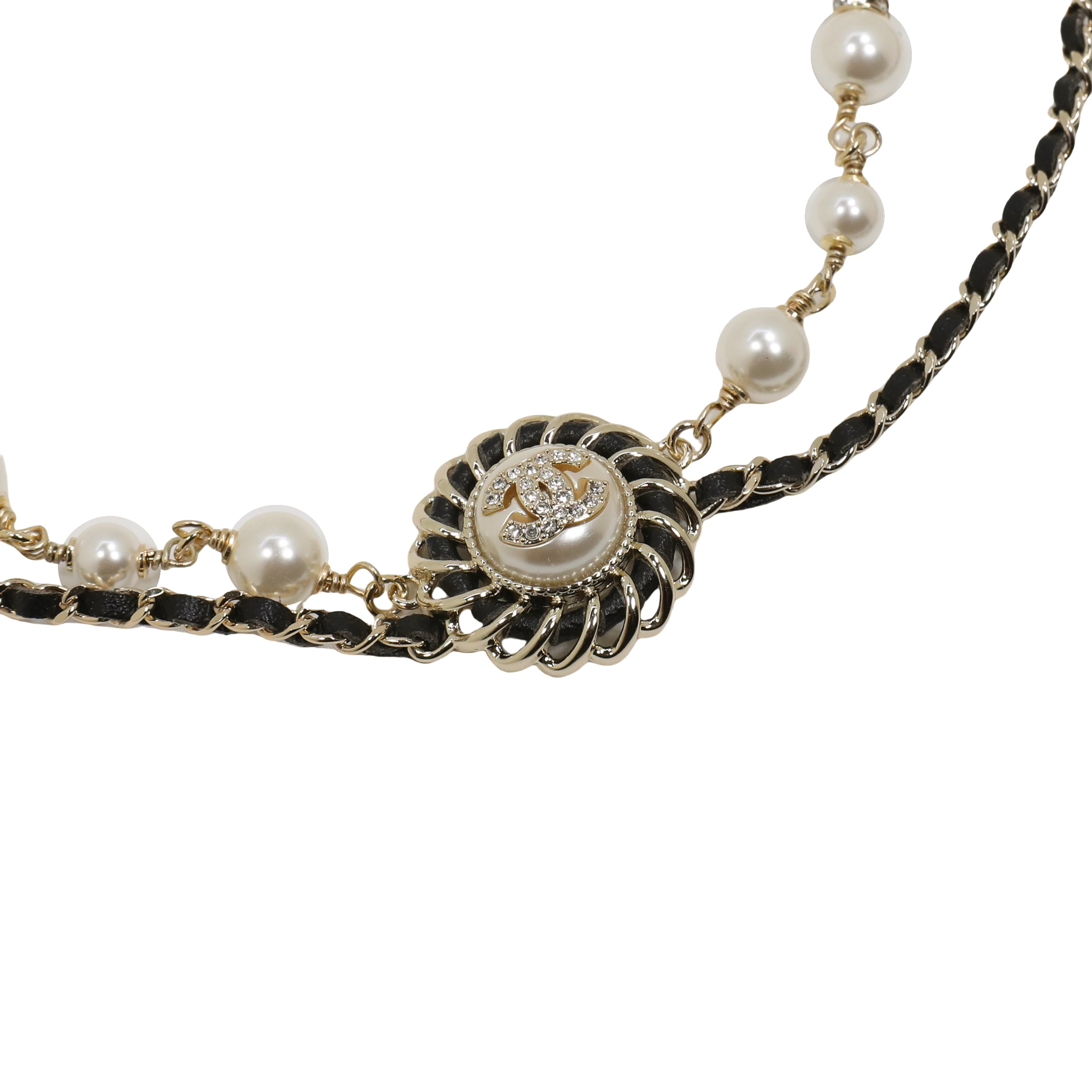 CCN025 Metal leather pearl double chain with CC logo choker Necklace - ccjewelryacc