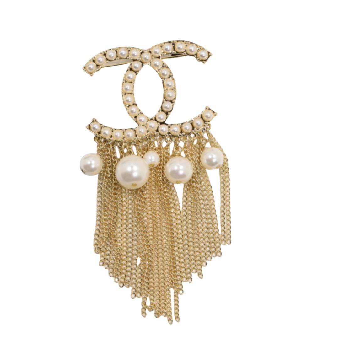 BCB223 Pearl CC logo with chain tassels brooch pin - ccfashionjewelry