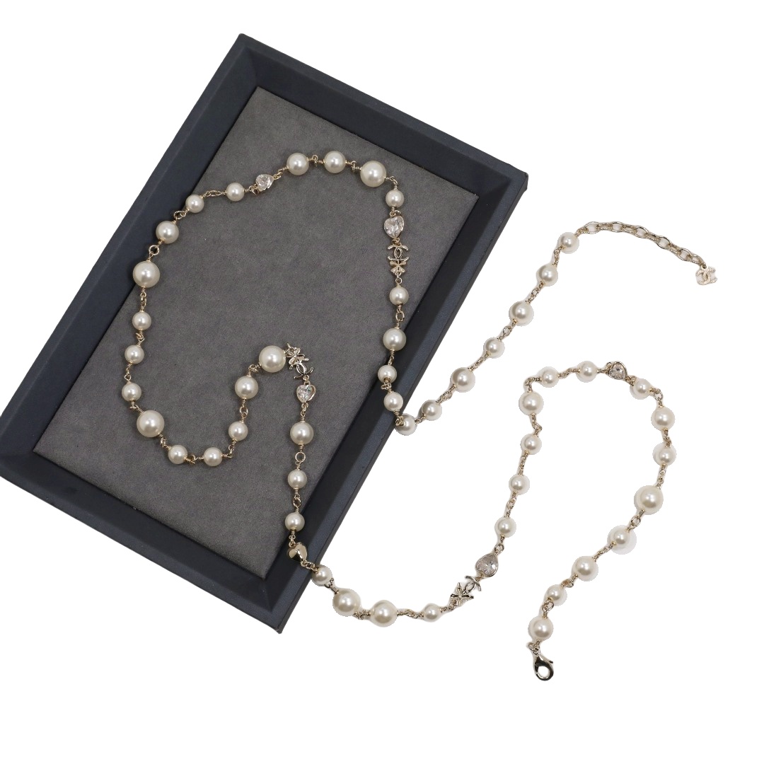 CCL088 Four Leaf Clover and heart crystal long pearl necklace sweater chain - ccjewelryacc