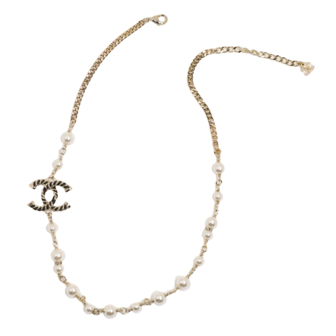 CCN332 Metal leather cc logo pearl choker necklace - ccfashionjewelry