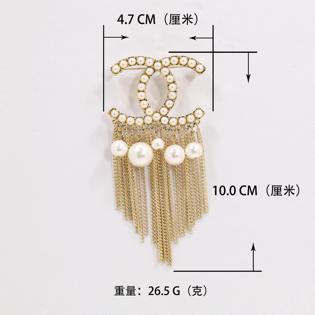 BCB223 Pearl CC logo with chain tassels brooch pin - ccjewelryacc