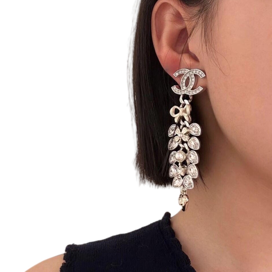 CCE001 Two-tone Wheat crystal bow heart Star clover cc drop earring - ccjewelryacc