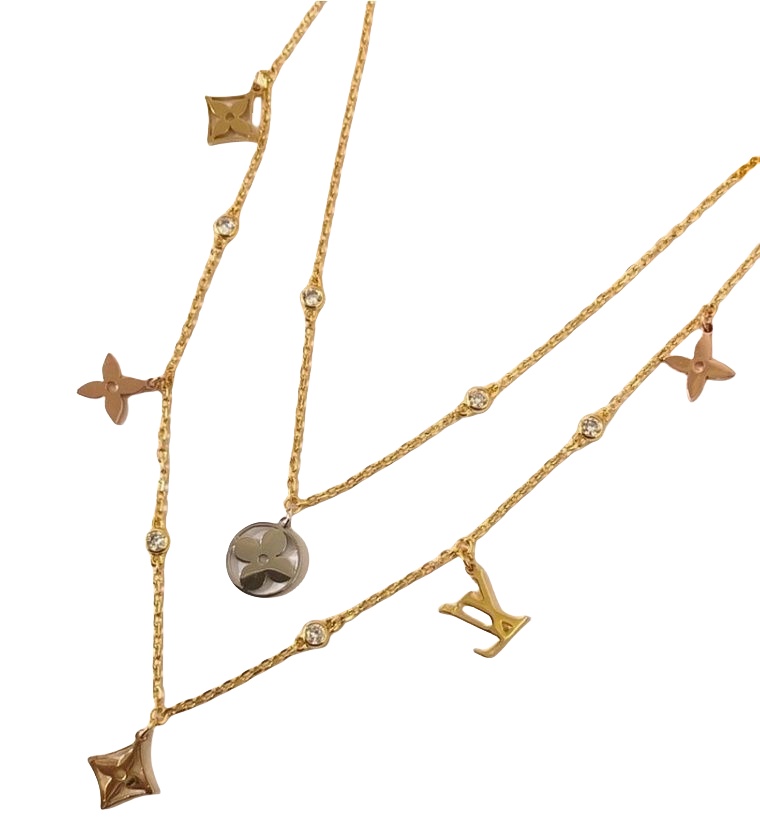 LVN109 Metal LV Double chain IDYLLE BLOSSOM iconic Monogram charms necklace - ccjewelryacc