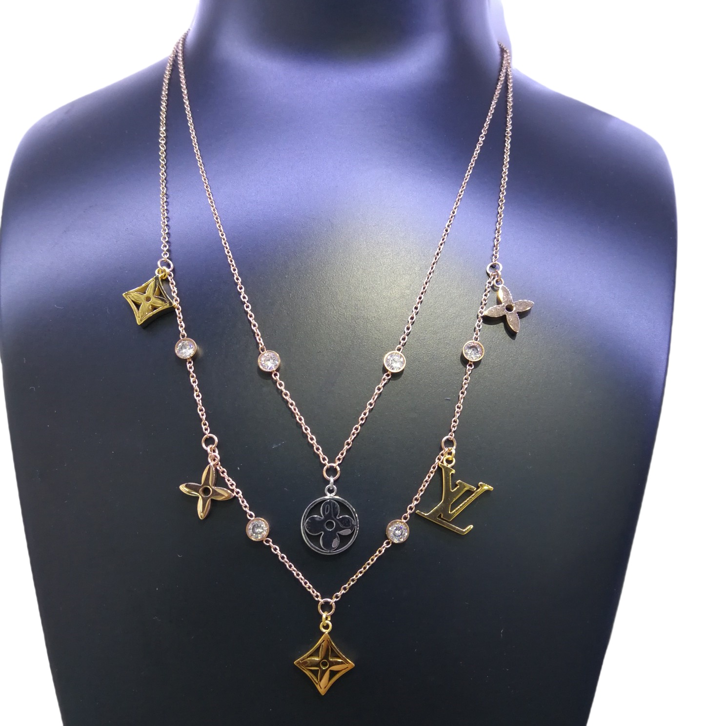 LVN109 Metal LV Double chain IDYLLE BLOSSOM iconic Monogram charms necklace - ccfashionjewelry