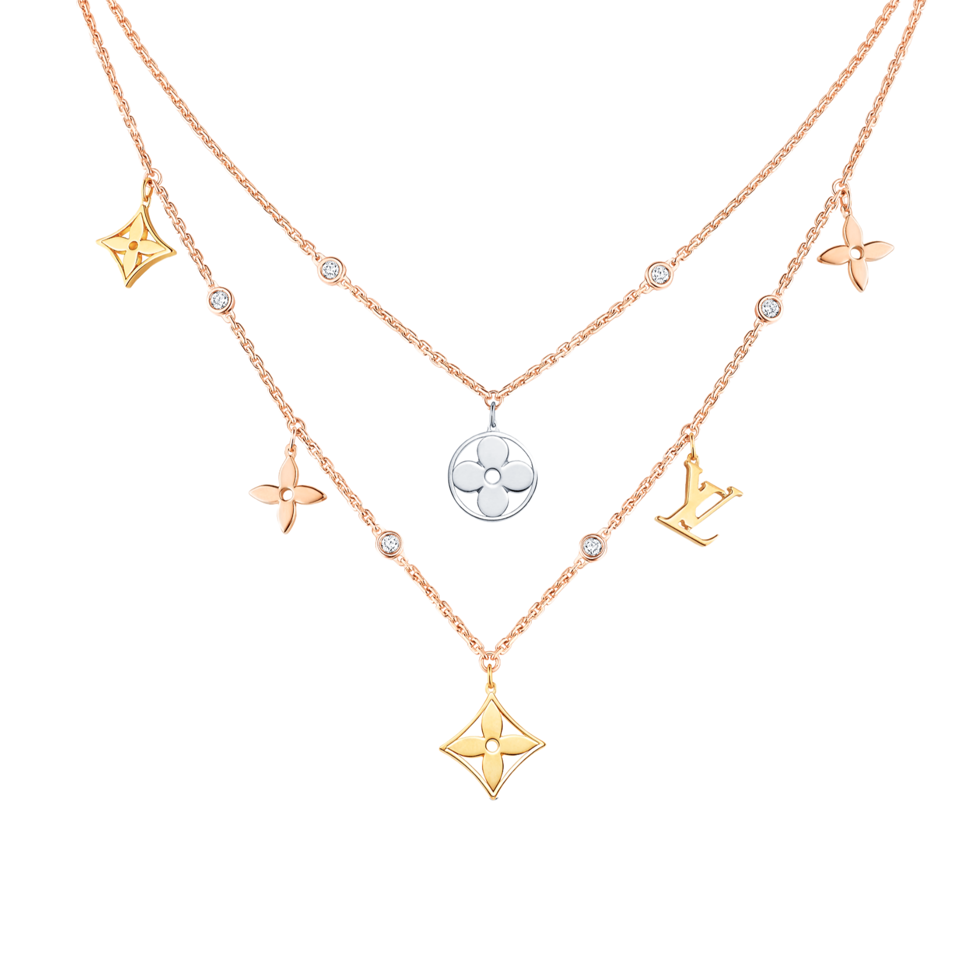 LVN109 Metal LV Double chain IDYLLE BLOSSOM iconic Monogram charms necklace - ccfashionjewelry
