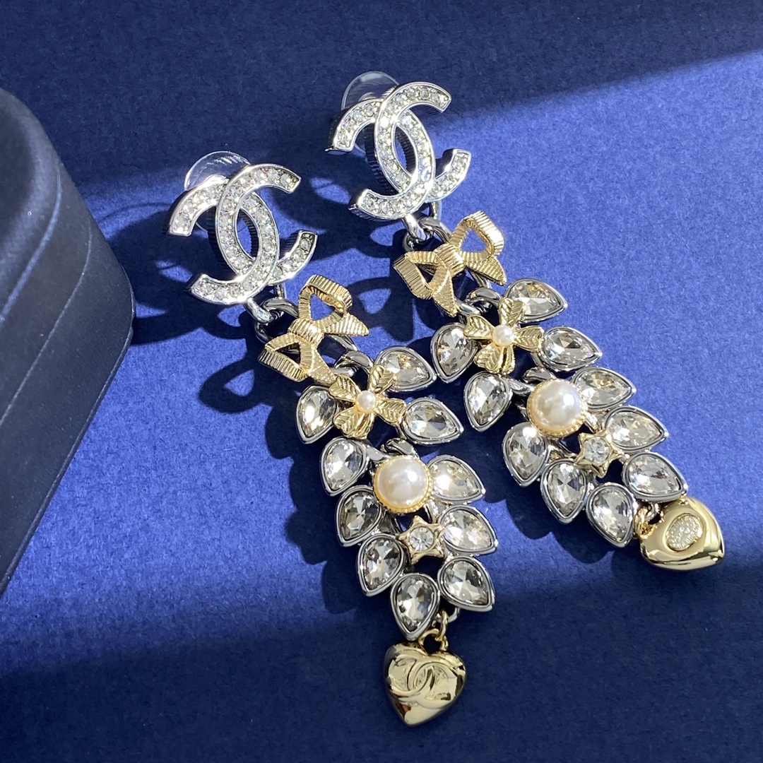 CCE001 Two-tone Wheat crystal bow heart Star clover cc drop earring - ccjewelryacc