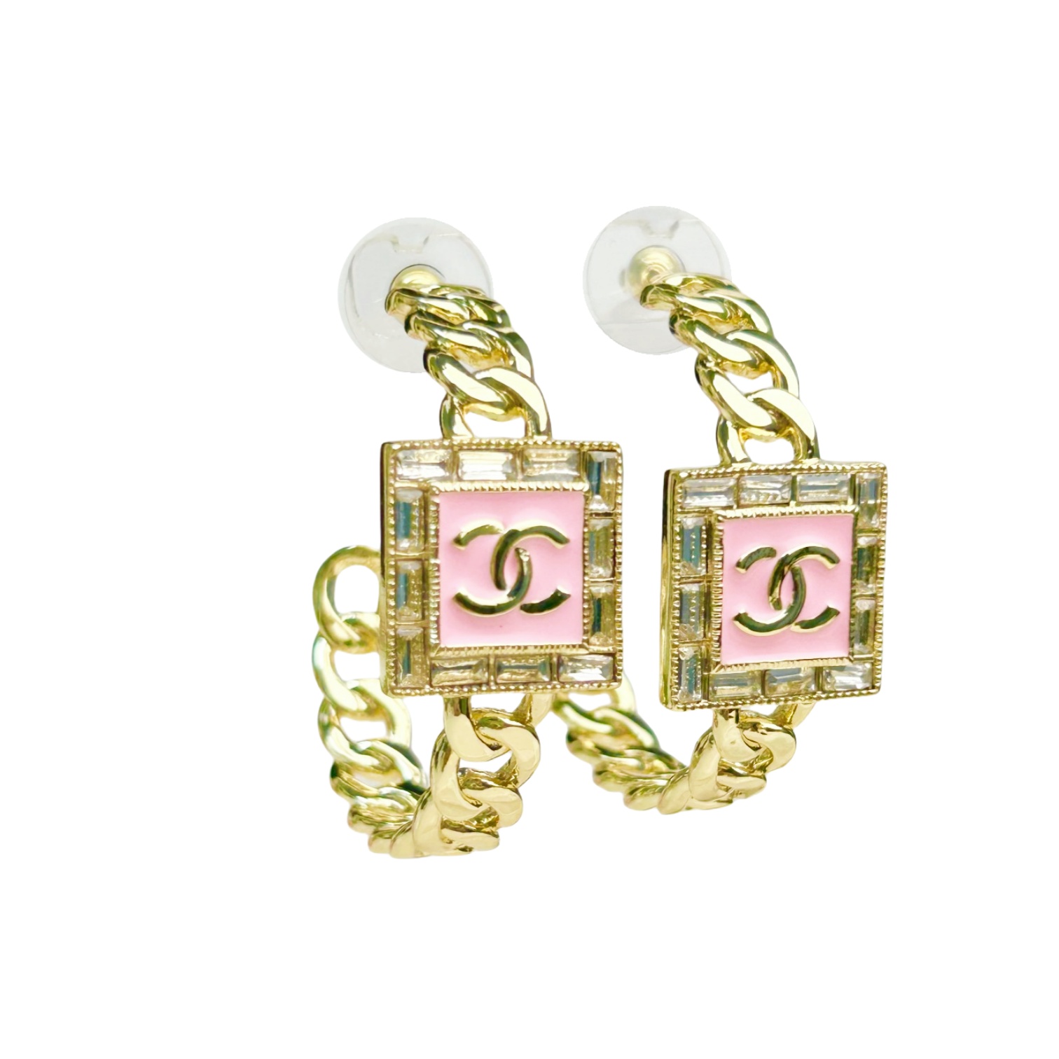 CCE641 Metal chain with pink enamel cc logo hook Earring - ccfashionjewelry