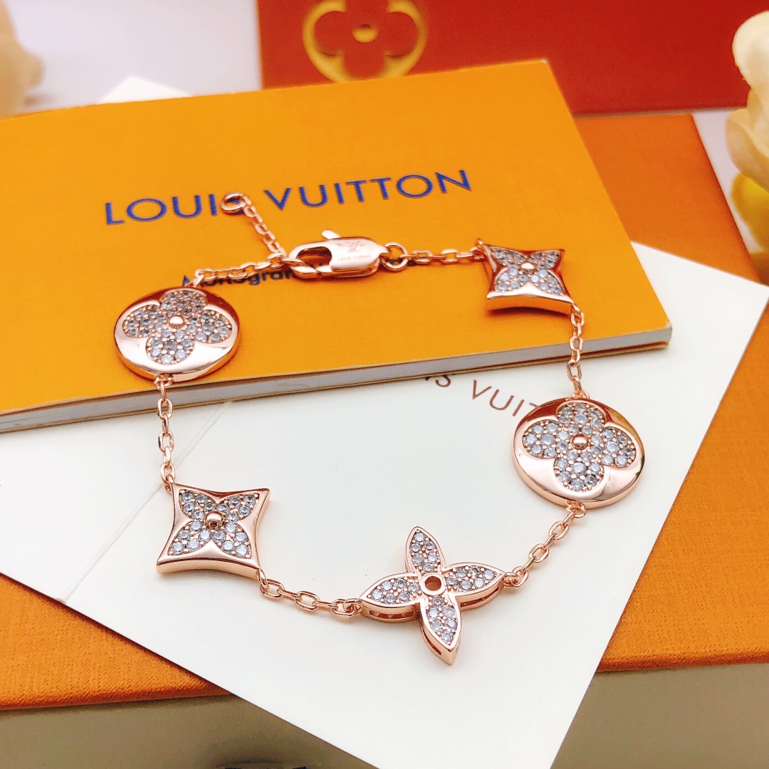 LVS024 Gold LV FULL crystal Blossom BB Multi-Motifs Bracelet 5 motifs - ccjewelryacc