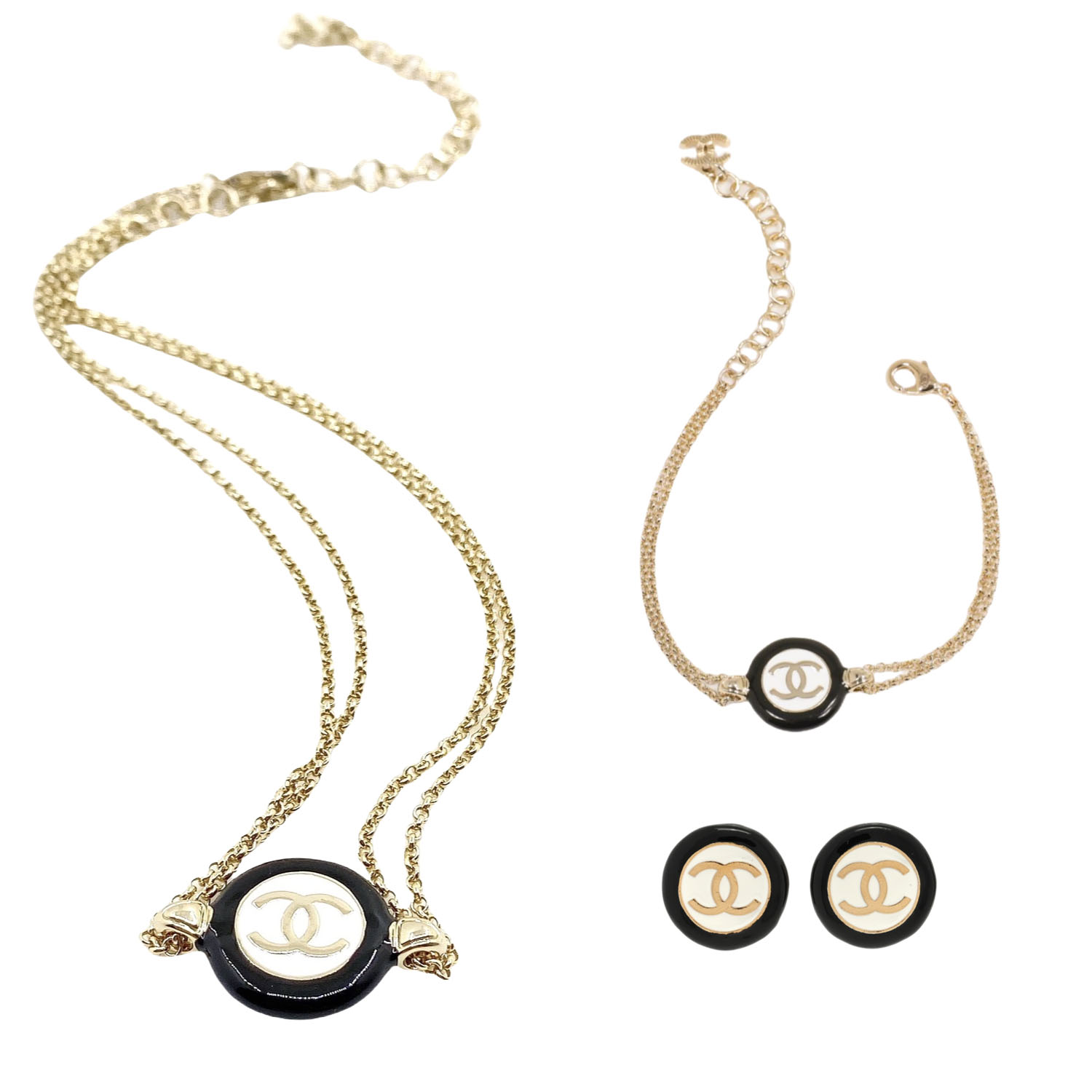 CCN015 24P Black And White Buttons Round Enamel Double C Necklace For Women - ccfashionjewelry